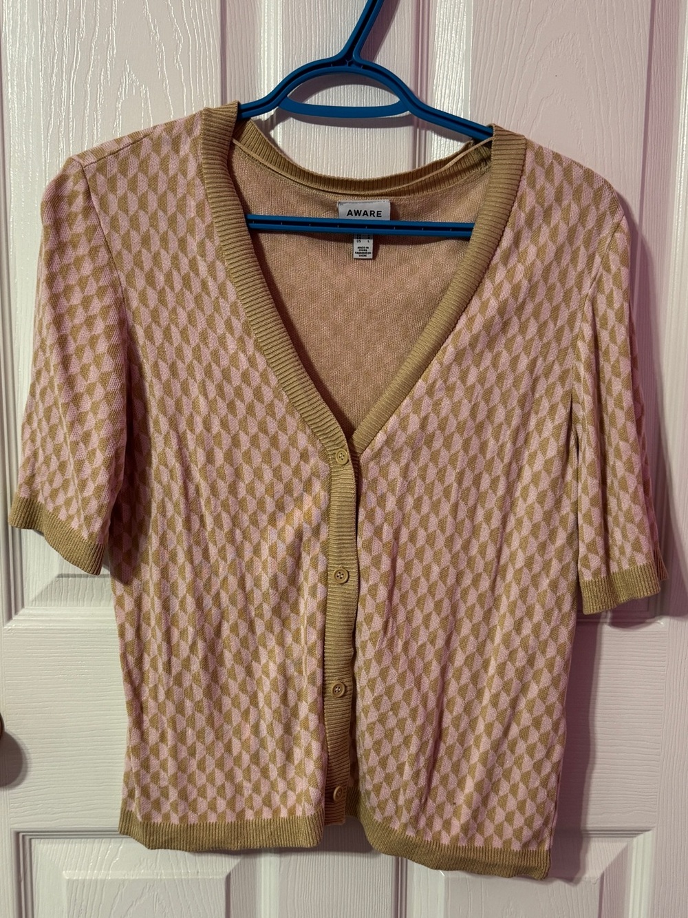 Vero Moda Pink and Tan Checker Short Sleeve Cardigan